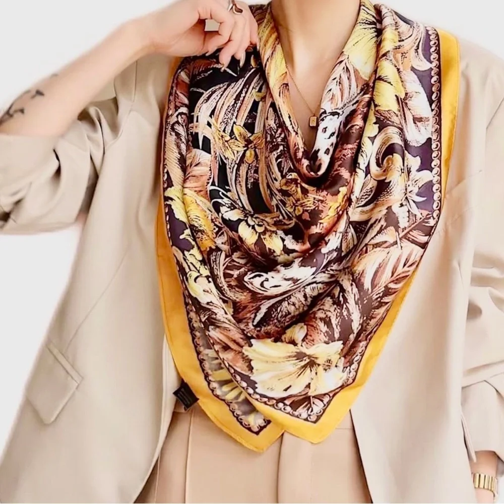 Elegant Floral tiger Silk feeling satin Scarf - Yellow and Brown